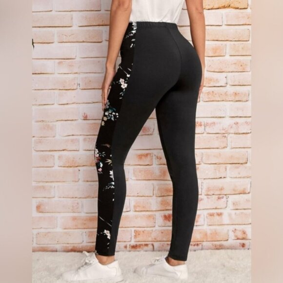 3/$20 Emery Rose High Waist Leggings Floral Spliced Side Striped Contrast Skinny - Picture 2 of 13